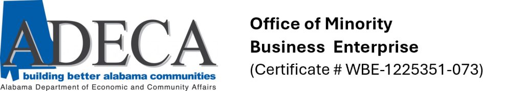 ADECA logo with the slogan 'building better Alabama communities' and the line 'Office of Minority Business Enterprise (Certificate # WBE-1223531-073)'.